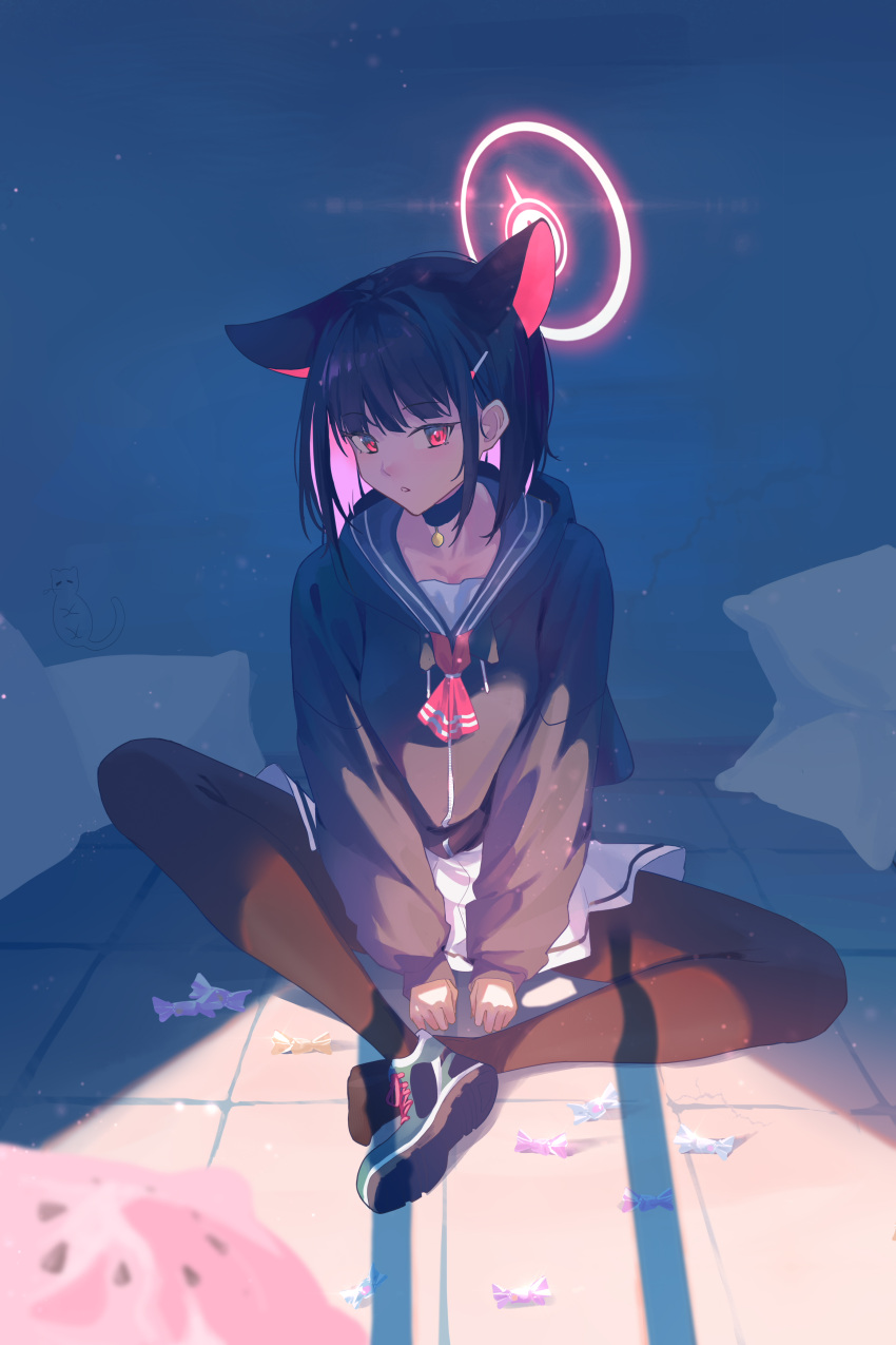 1girl absurdres animal_ears black_choker black_hair black_hoodie black_pantyhose blue_archive blue_sailor_collar blurry blurry_foreground candy cat_ears cat_girl choker colored_inner_hair food full_body glowing_halo graffiti halo highres hood hoodie indian_style kazusa_(blue_archive) looking_at_viewer multicolored_hair neckerchief pantyhose pink_hair pleated_skirt red_eyes red_neckerchief sailor_collar shoes short_hair single_shoe sitting skirt sneakers solo user_fset8853 white_skirt wrapped_candy