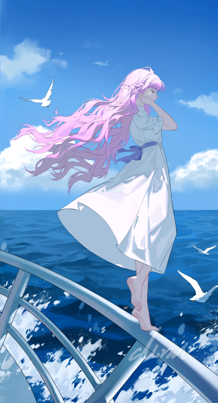 1girl absurdres adjusting_hair barefoot bird blue_ribbon blue_sky braid chinese_commentary closed_eyes cloud collared_dress commentary dress facial_mark from_side full_body glowing_markings half_updo hand_up highres long_dress molianmengdada ocean on_railing original outdoors pink_hair profile railing ribbon short_sleeves side_braid signature sky soles star_(symbol) tiptoes waist_ribbon waves wavy_hair white_bird white_dress wind wind_lift