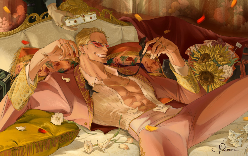 1boy arms_up bed bird blonde_hair bouquet collared_shirt crown cushion damon_(damonn_h) disembodied_limb donquixote_doflamingo earrings flamingo flower highres indoors jewelry lily_(flower) lying male_focus multiple_rings muscular muscular_male necklace on_back on_bed one_piece open_clothes petals pink_suit ring shirt short_hair signature smile suit sunflower sunglasses teeth white_shirt