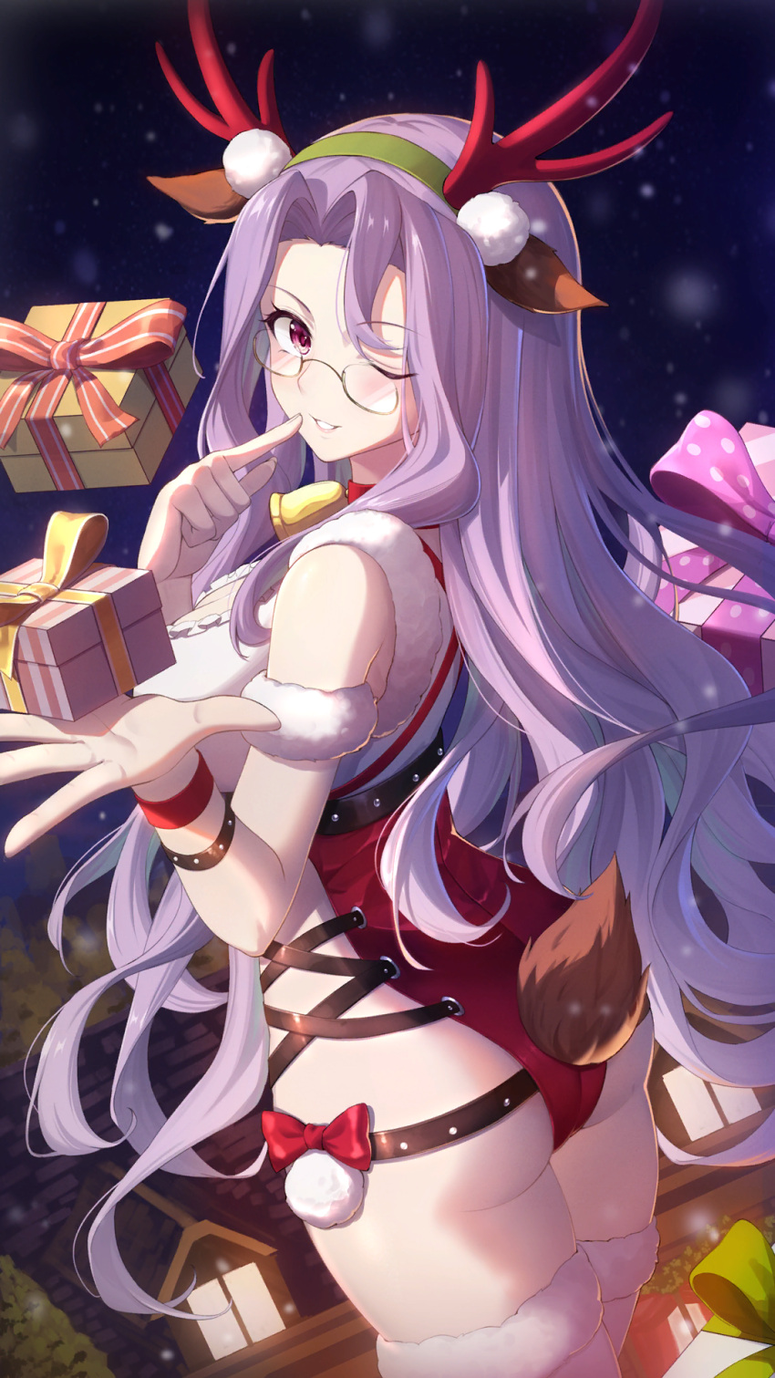 1girl animal_ears antlers ass bare_shoulders bell blurry blurry_background blush box bracelet building christmas clothing_cutout cowboy_shot curly_hair deer_antlers deer_ears deer_tail fake_animal_ears fake_horns finger_to_mouth from_behind fur-trimmed_leotard fur-trimmed_thighhighs gift gift_box girl_cafe_gun glasses grin hair_intakes hands_up highres horns jewelry leotard long_hair looking_at_viewer looking_back neck_bell night night_sky nola_moon_(girl_cafe_gun) official_art one_eye_closed outstretched_hand parted_bangs purple_hair red_eyes red_leotard santa_leotard side_cutout sky smile snowing solo tail thighhighs very_long_hair white_thighhighs