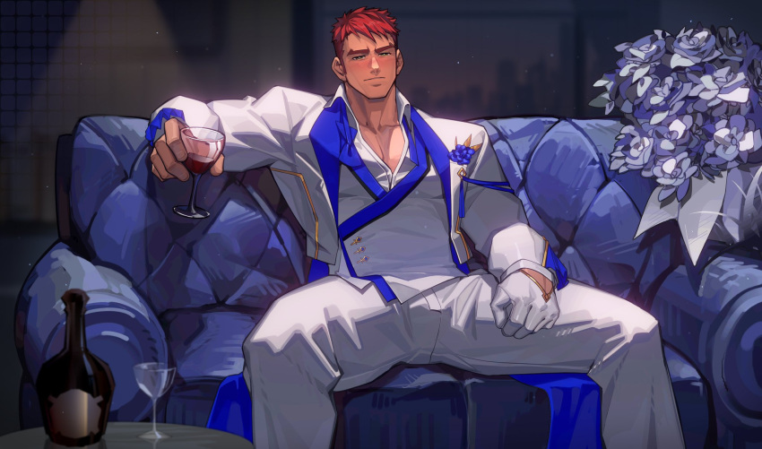 1boy abs bara blush bottle couch cup drinking_glass feet_out_of_frame flower_in_pocket formal highres large_pectorals looking_at_viewer male_focus mature_male muscular muscular_male navel nipples on_couch original pectoral_cleavage pectorals peterhl red_hair short_hair solo spotlight spread_legs suit thick_eyebrows thick_thighs thighs white_suit wine_bottle wine_glass