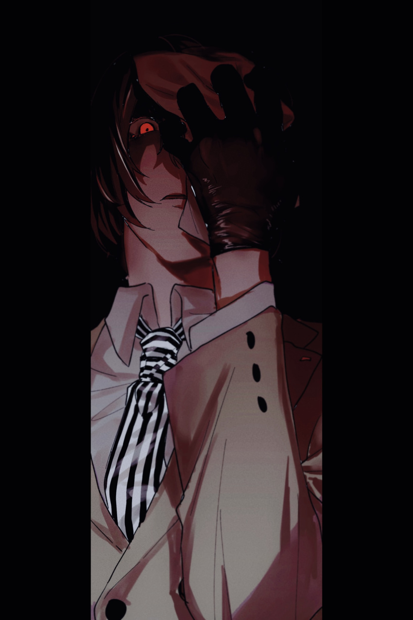 1boy absurdres akechi_gorou black_background black_gloves brown_hair brown_jacket collared_shirt frown gloves glowing glowing_eye hand_on_own_face hand_over_eye hand_up highres jacket kaisen_(kaisen_inari) long_sleeves looking_at_viewer male_focus necktie open_mouth persona persona_5 red_eyes shirt short_hair solo striped_necktie upper_body white_shirt