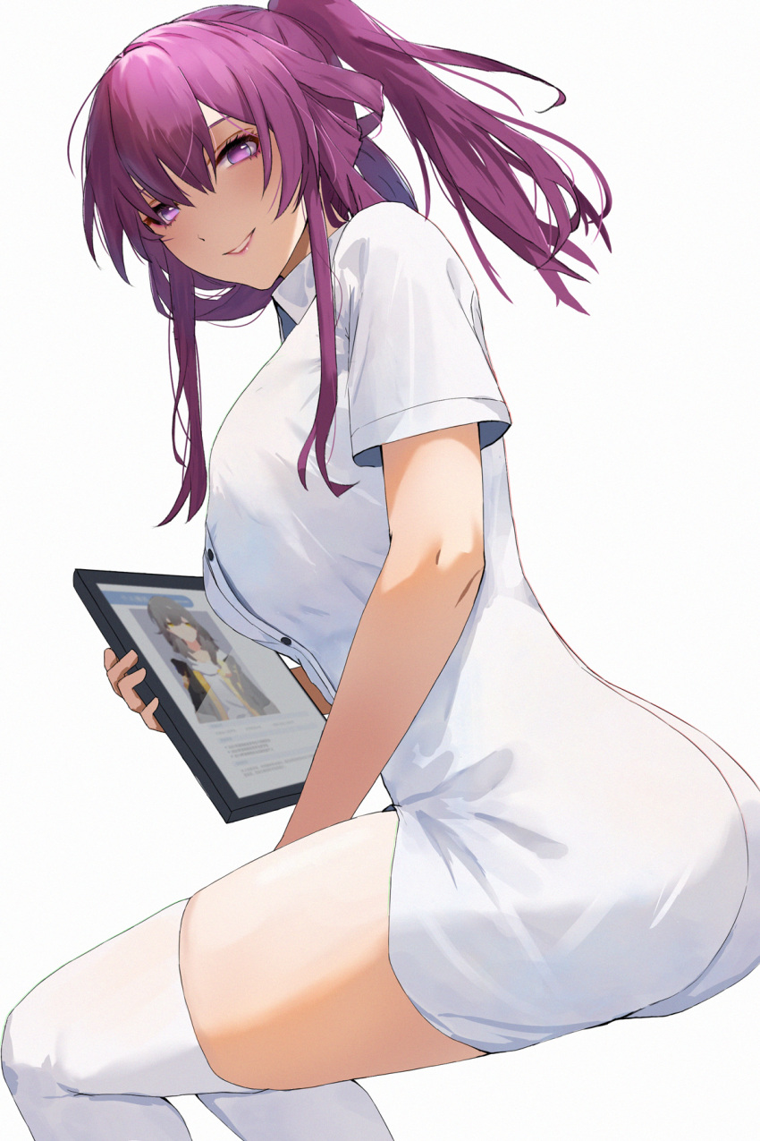 1girl alternate_costume ass blush breasts buttons clisapex collared_shirt doctor dress_shirt from_side hair_between_eyes highres holding honkai:_star_rail honkai_(series) kafka_(honkai:_star_rail) large_breasts long_hair looking_at_viewer pink_lips ponytail purple_eyes purple_hair shirt short_sleeves sidelocks simple_background smile solo stelle_(honkai:_star_rail) thighhighs trailblazer_(honkai:_star_rail) white_background white_shirt white_thighhighs
