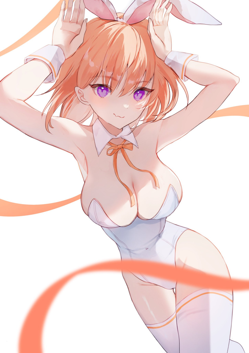 1girl animal_ears armpits arms_up bare_hips bare_shoulders blurry blurry_foreground breasts cleavage closed_mouth covered_navel cowboy_shot detached_collar fang hair_between_eyes highleg highleg_leotard highres large_breasts leaning_to_the_side leotard looking_at_viewer medium_hair nagi_(pickles_pipipi) neck_ribbon orange_hair orange_ribbon original playboy_bunny purple_eyes rabbit_ears rabbit_pose ribbon simple_background skin_fang smile smirk solo strapless strapless_leotard thigh_gap thighhighs thighs white_background white_leotard white_thighhighs wrist_cuffs