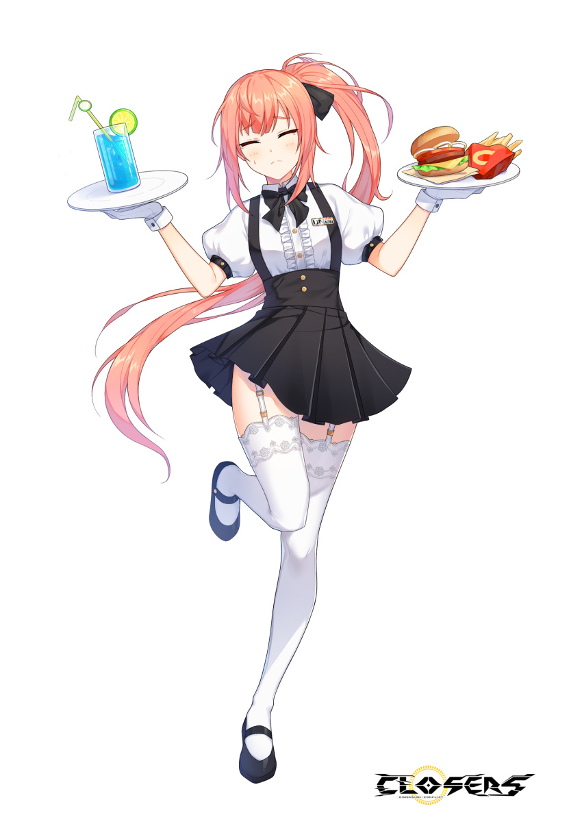 1girl badge black_bow black_bowtie black_footwear black_skirt blush bow bowtie breasts burger center_frills closed_eyes closed_mouth closers collared_shirt copyright_name cup drink drinking_glass drinking_straw facing_viewer floating_hair food french_fries frills frown fruit full_body furrowed_brow garter_straps gloves hair_bow hands_up high-waist_skirt highres holding holding_plate ice ice_cube lace-trimmed_thighhighs leg_up lime_(fruit) lime_slice logo long_hair luna_aegis_(closers) mary_janes miniskirt official_art orange_hair plate pleated_skirt ponytail puffy_short_sleeves puffy_sleeves shirt shoes short_sleeves sidelocks skirt small_breasts solo standing standing_on_one_leg suspender_skirt suspenders sweat thighhighs underbust very_long_hair waitress white_background white_gloves white_shirt white_thighhighs zettai_ryouiki