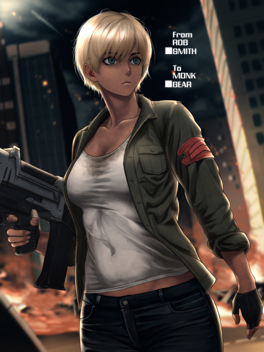 absurdres android blonde_hair breast_pocket breasts cleavage dark_skin denim fingerless_gloves gloves highres holding holding_weapon insignia jeans mechanical_parts medium_breasts pants pocket rob_110101101 tan terminator_(series) the_terminator weapon