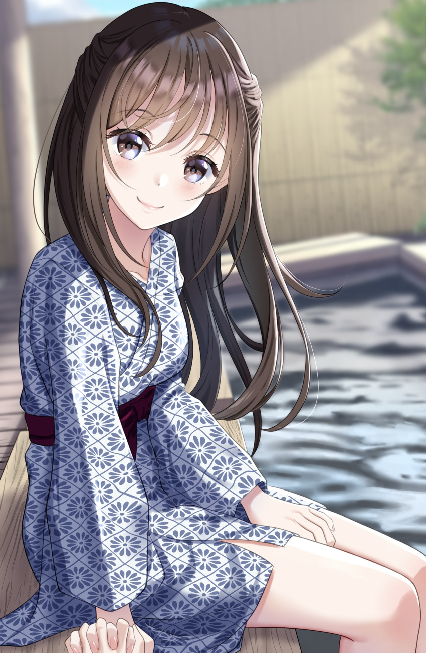 1girl absurdres between_legs blush breasts brown_eyes brown_hair check_commentary closed_mouth collarbone commentary_request dappled_sunlight fence half_updo hand_between_legs highres holding_hands hominotsu interlocked_fingers japanese_clothes kimono long_hair looking_at_viewer medium_breasts onsen original pov sitting smile solo_focus straight_hair sunlight tree water wooden_fence yukata
