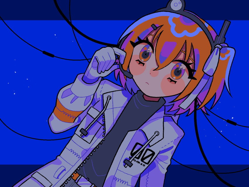 1girl :&lt; a.i._voice adachi_rei android artificial_eye belt black_shirt blue_background blush blush_stickers cable closed_mouth commentary dutch_angle gloves hair_ornament hair_ribbon hairclip hatakamo_sayaka headlamp headset holding holding_microphone jacket letterboxed light_particles long_sleeves looking_at_viewer mechanical_eye microphone nose_blush one_side_up open_clothes open_jacket orange_belt orange_eyes orange_hair outside_border radio_antenna raised_eyebrows ribbon ringed_eyes shirt short_hair solo turtleneck upper_body utau white_gloves white_jacket white_ribbon