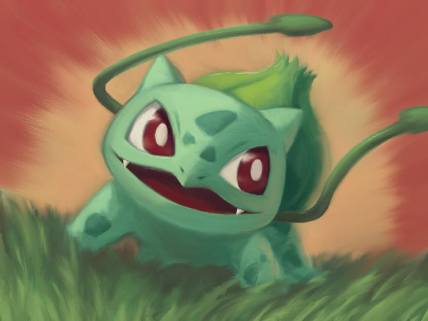 animal_focus bright_pupils bulbasaur fangs grass highres motion_lines no_humans nostrils on_grass open_mouth pepe_dcc plant pokemon red_background red_eyes solo vine_whip vines white_pupils