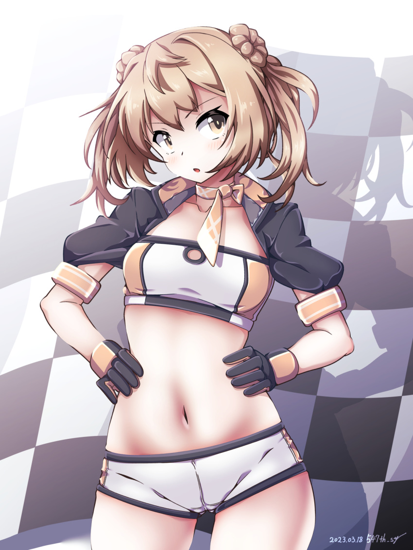 1girl 547th_sy bandeau black_gloves breasts checkered_flag cosplay cropped_jacket double_bun flag gloves hair_bun highres jacket kantai_collection light_brown_hair michishio_(kancolle) multicolored_clothes multicolored_jacket natsugumo_(kancolle) natsugumo_(kancolle)_(cosplay) orange_bandeau orange_gloves race_queen short_twintails small_breasts solo twintails two-tone_bandeau white_bandeau yellow_eyes