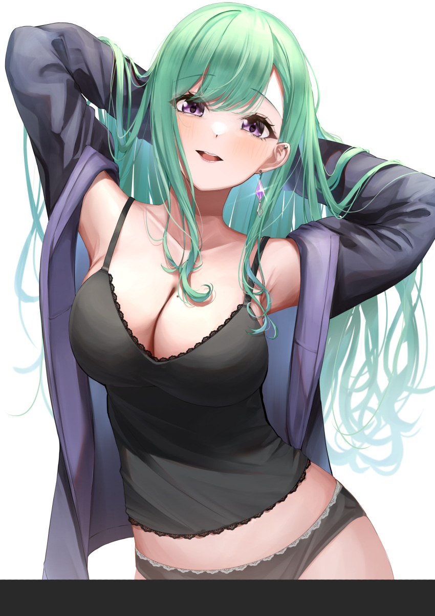 1girl absurdres arms_behind_head arms_up black_camisole black_panties breasts camisole ear_piercing earrings green_hair grey_jacket highres horo_27 jacket jewelry lace-trimmed_camisole lace-trimmed_panties lace_trim large_breasts long_hair looking_at_viewer open_mouth panties piercing purple_eyes simple_background single_earring smile solo spaghetti_strap standing swept_bangs teeth underwear upper_body upper_teeth_only virtual_youtuber vspo! white_background yakumo_beni