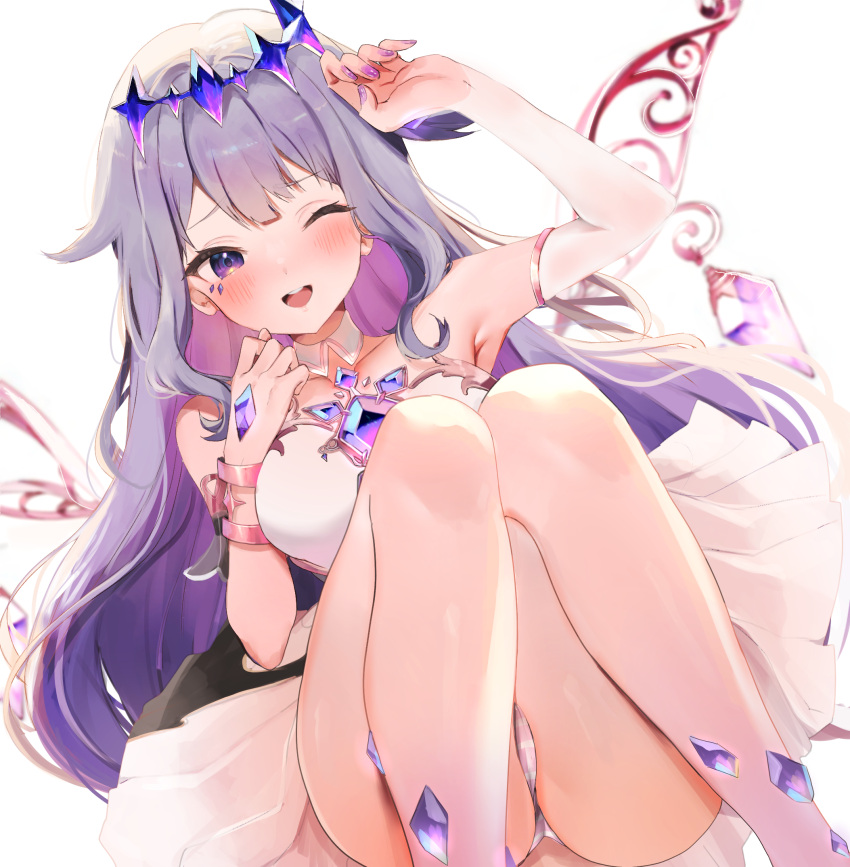 1girl arm_up blush breasts chest_jewel colored_inner_hair commission crown detached_collar detached_sleeves detached_wings double-parted_bangs dress feet_out_of_frame gem grey_hair hair_flaps hand_jewel highres hololive hololive_english jewel_under_eye knees_up koseki_bijou legs long_hair looking_at_viewer lying maru_ccy medium_breasts multicolored_hair nail_polish on_back one_eye_closed open_mouth paid_reward_available panties pantyshot pixiv_commission purple_eyes purple_gemstone purple_hair purple_nails simple_background single_detached_sleeve smile solo strapless strapless_dress striped striped_panties teeth thighs underwear upper_teeth_only very_long_hair virtual_youtuber white_background white_dress wings
