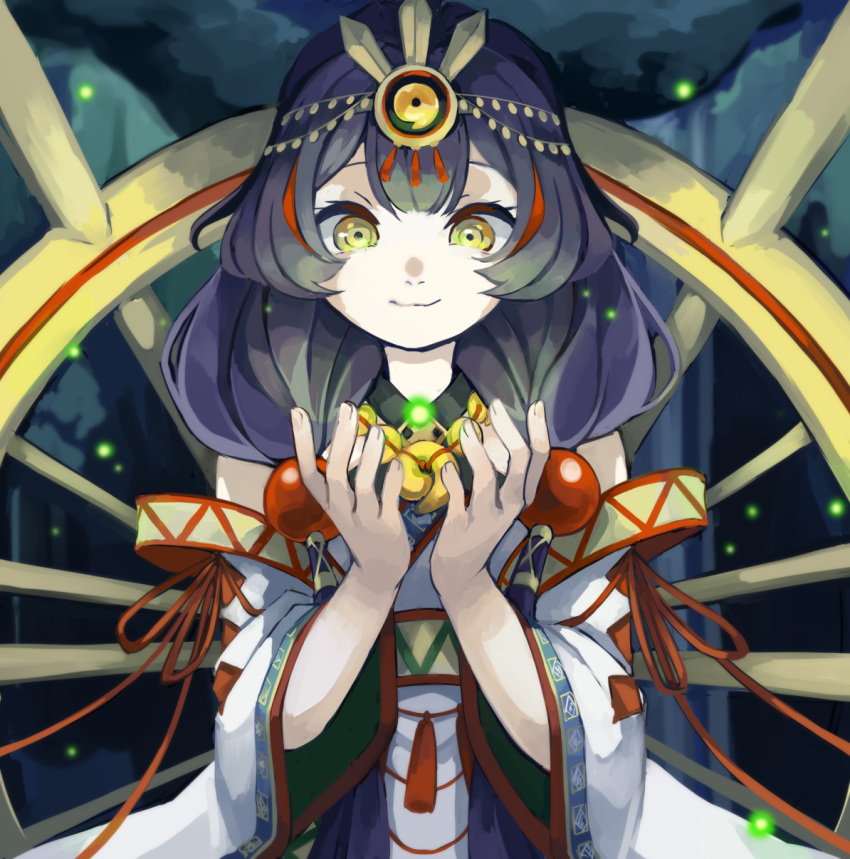 1girl beads blue_background blue_hair closed_mouth dark hair_beads hair_ornament headwear_request highres japanese_clothes jewelry kimono long_sleeves looking_at_hands looking_down magatama magatama_necklace magia_record:_mahou_shoujo_madoka_magica_gaiden mahou_shoujo_madoka_magica moomoofoo necklace object_request sidelocks smile solo toyo_(magia_record) upper_body white_kimono yellow_eyes