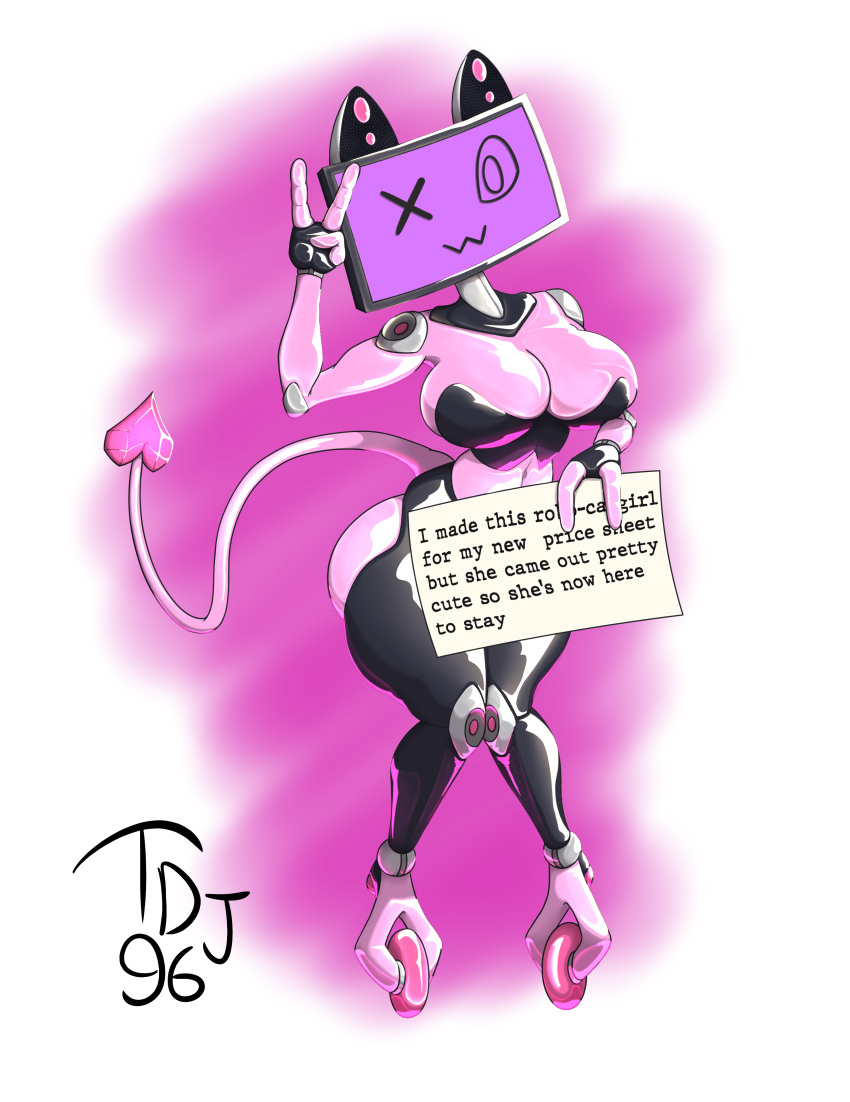 absurd_res big_breasts breasts felid feline for_a_head hi_res machine mammal object_head owo pink_body robot screen screen_face screen_head sign spade_tail tail thedarkjudge96 wheel_feet wheels