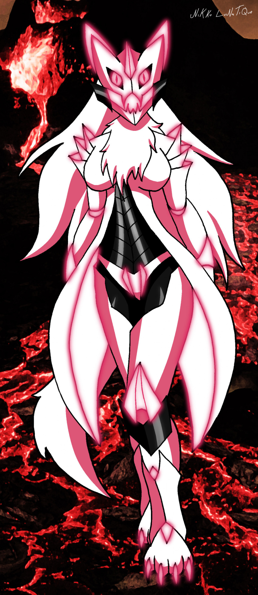 absurd_res anthro big_breasts black_body black_sclera breasts canid canine canis charlie_(nikku_lunatique) chest_tuft claws exoskeleton fangs female fox fur glowing glowing_eyes glowing_markings hair hi_res horn lava long_hair looking_at_viewer mammal markings membrane_(anatomy) monster nikku_lunatique open_mouth pink_body pink_claws pink_eyes solo spikes spikes_(anatomy) standing teeth tier_(species) tuft volcano white_body white_fur white_hair