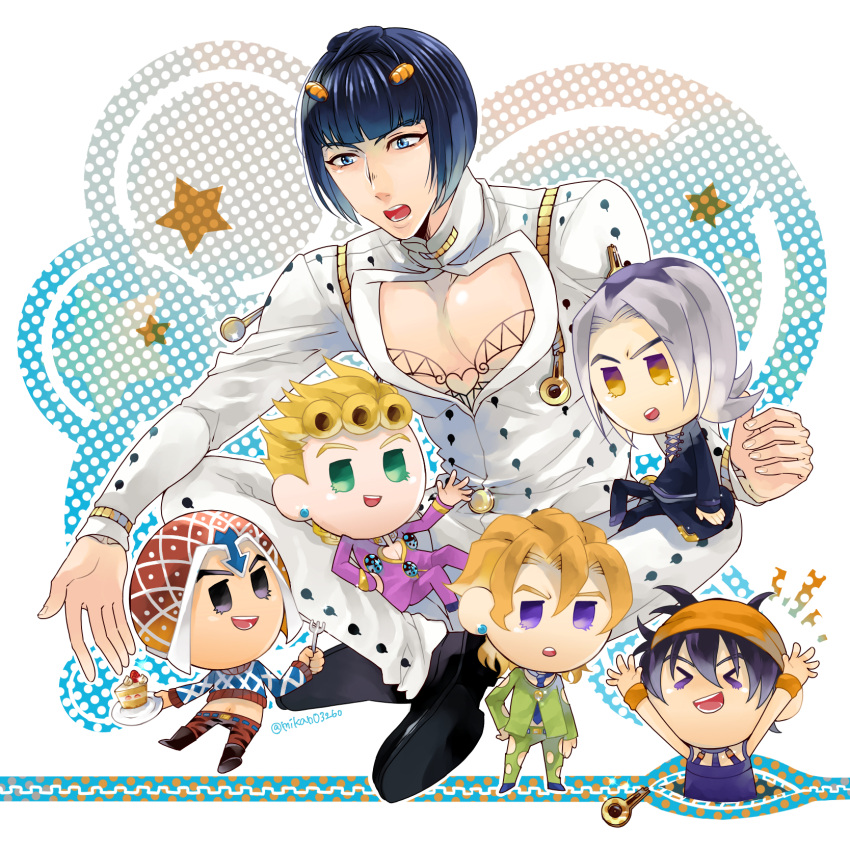 6+boys argyle argyle_sweater black_eyes black_hair blonde_hair blunt_bangs bob_cut bruno_bucciarati cake chibi cleavage_cutout clothing_cutout crop_top food fork giorno_giovanna green_eyes grey_hair guido_mista hair_ornament hat headband highres jojo_no_kimyou_na_bouken ladybug_ornament leone_abbacchio male_focus mikan03260 multicolored_eyes multiple_boys narancia_ghirga necktie orange_eyes pannacotta_fugo pectoral_cleavage pectorals purple_eyes sweater vento_aureo zipper zipper_pull_tab