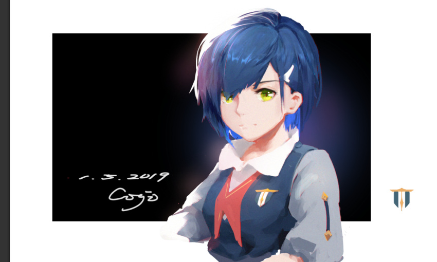 1girl artist_name black_background black_dress blue_hair border breasts chinese_commentary close-up collared_shirt commentary cropped_arms darling_in_the_franxx dated dress dress_shirt film_grain gigi_hamakaze gradient_background green_eyes grey_dress hair_ornament hair_over_one_eye hairclip ichigo_(darling_in_the_franxx) light_smile looking_at_viewer military_uniform outside_border portrait shirt short_hair signature small_breasts smile solo swept_bangs two-tone_dress uniform upper_body white_border white_undershirt