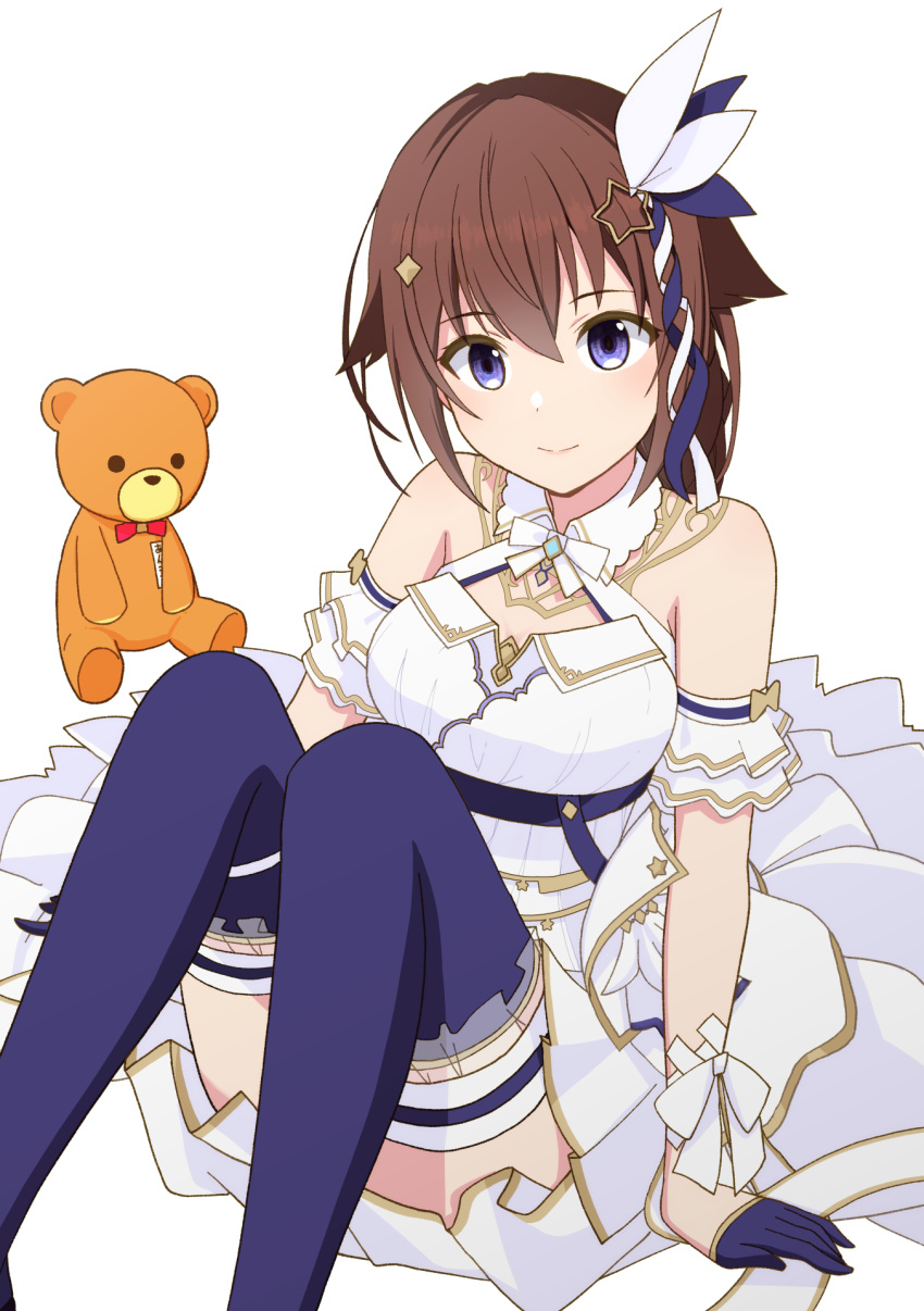 1girl ankimo_(tokino_sora) bare_shoulders blue_eyes breasts brown_hair diamond_hair_ornament dress gloves hair_flaps hair_ornament highres hololive long_hair looking_at_viewer star_(symbol) star_hair_ornament thigh_strap thighhighs tokino_sora tonogai_yoshiki virtual_youtuber