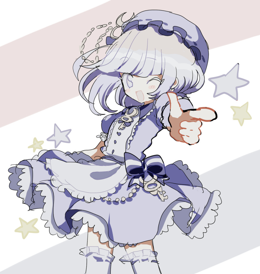 1girl ;d apron colored_eyelashes cowboy_shot dress foreshortening grey_dress grey_headwear hat highres makiuri_mizuki medium_hair mercury_symbol mob_cap no_nose one_eye_closed open_mouth original pointing pointing_at_viewer puffy_short_sleeves puffy_sleeves ribbon-trimmed_thighhighs short_sleeves sketch smile solo star_(symbol) thighhighs usagi_nui white_apron white_eyes white_hair white_thighhighs