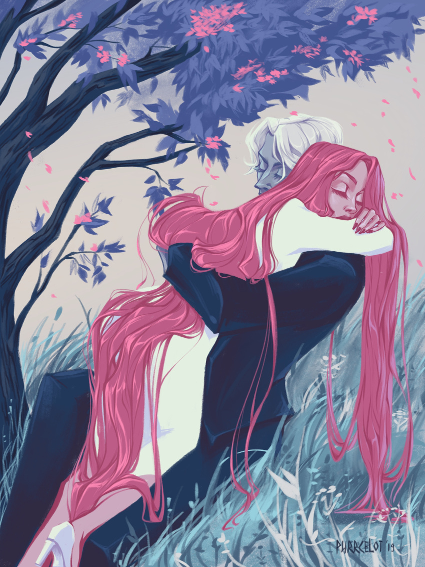 1boy 1girl absurdres artist_name black_pants closed_eyes colored_skin dress eyelashes formal grass grey_skin hades_(lore_olympus) hetero highres hug long_hair lore_olympus pants persephone_(lore_olympus) pink_skin purrcelot red_nails suit tree very_long_hair white_dress