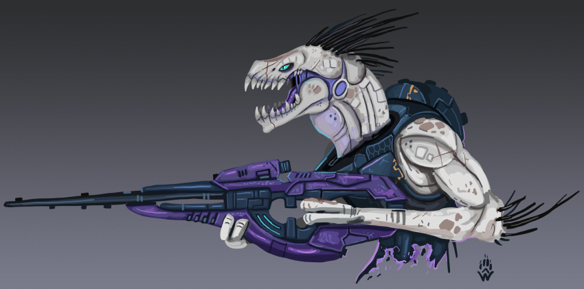 2020 3_fingers alien ambiguous_gender anthro arm_quills armor black_quills blue_eyes carbine colored cuirass cyanotic_epithelium fangs fingers grey_background grey_body grey_skin gun halo_(series) hi_res holding_gun holding_object holding_ranged_weapon holding_weapon ibie'shan kig-yar microsoft open_mouth pupils purple_flesh purple_tongue quill_hair ranged_weapon reptile_ears scalie simple_background slit_pupils solo teeth tongue tympanum weapon wolfdawg xbox_game_studios