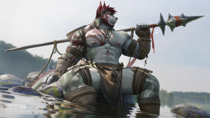 abs anthro barazoku biceps bulge canid canine clothed clothing detailed detailed_background digital_media_(artwork) fur gumroad hair horn male mammal markings melee_weapon muscular muscular_anthro muscular_male nipples o_(takahirosi) partially_clothed patreon pecs polearm red_hair sky solo spear takahirosi tribal tribal_clothing tribal_markings water weapon white_body white_fur