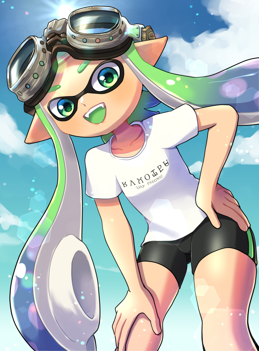 1girl absurdres bike_shorts black_shorts cloud day domino_mask fangs goggles goggles_on_head green_eyes green_hair hand_on_own_hip hand_on_own_thigh highres inkling inkling_girl leaning_forward long_hair looking_at_viewer mano_(mix103) mask open_mouth outdoors pointy_ears shirt short_shorts short_sleeves shorts sky smile solo splatoon_(series) suction_cups tentacle_hair thighs white_shirt