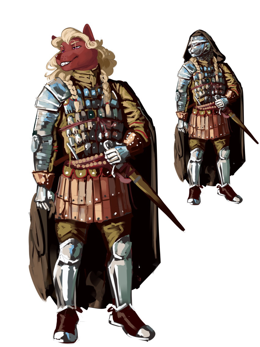 absurd_res anthro armor braided_hair canid canine canis cape chainmail clothing face_mask hair hi_res kelkessel long_hair male mammal pink_eyes red_body roman saikar smile solo weapon wolf