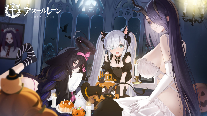 3girls adventure_galley_(azur_lane) adventure_galley_(carnival_under_the_blood_moon)_(azur_lane) all_fours animal_ears azur_lane black_dress black_socks black_thighhighs blue_eyes braid breasts cat_ears chungu clothing_cutout dress elbow_gloves fake_animal_ears feet_up gloves golden_hind_(azur_lane) golden_hind_(forlorn_femme_fatale)_(azur_lane) hair_between_eyes hair_over_one_eye hairband half-closed_eyes halloween hat highres horns huge_breasts hugging_object indoors jack-o'-lantern janus_(azur_lane) janus_(fright-night_scaredy-cat)_(azur_lane) long_dress long_hair lying manjuu_(azur_lane) mouth_hold multiple_girls navel no_shoes official_alternate_costume official_art on_stomach open_mouth panties pillow pillow_hug pink_hairband pink_panties portrait_(object) puffy_short_sleeves puffy_sleeves purple_eyes purple_hair see-through see-through_dress short_dress short_sleeves shoulder_cutout sitting small_breasts socks striped striped_socks thighhighs twintails umbrella_octopus underwear very_long_hair white_dress white_gloves white_hair white_socks whydah_(azur_lane) whydah_(lazy_pirate_angel)_(azur_lane) witch_hat