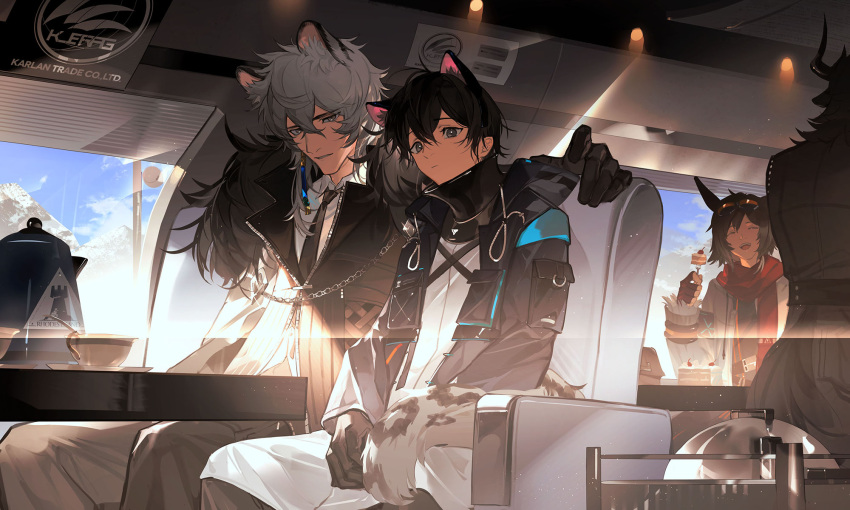 4boys :d akai_999 animal_ear_fluff animal_ears arknights black_coat black_hair black_necktie brown_eyes cake cake_slice cat_ears cherry coat courier_(arknights) courier_(new_routes)_(arknights) cow_boy cow_horns doctor_(arknights) food fruit fur-trimmed_coat fur_trim goggles goggles_on_head grey_eyes grey_hair ground_vehicle hair_between_eyes hand_on_another's_shoulder highres hood hood_down hooded_coat horns kettle kjerag_logo leopard_boy leopard_ears leopard_tail long_sleeves male_doctor_(arknights) male_focus matterhorn_(arknights) medium_hair mountain multiple_boys necktie official_alternate_costume one-armed_hug open_mouth rhodes_island_logo short_hair silverash_(arknights) sitting smile tail tail_hug train train_interior