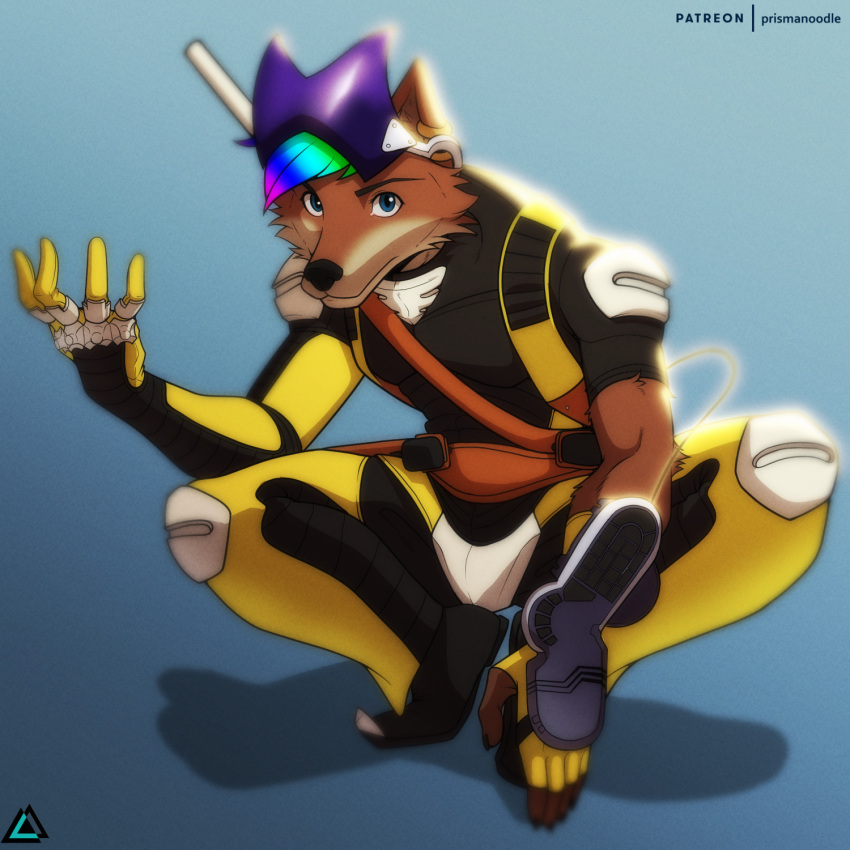 anthro armor blue_eyes canid canine canis clothed clothing digital_media_(artwork) fur gun hair hi_res holster holstered_pistol jojo's_bizarre_adventure jojo_pose katana looking_at_viewer male mammal melee_weapon multicolored_hair padding prismanoodle_(artist) rainbow_hair ranged_weapon simple_background solo sword weapon wire wolf