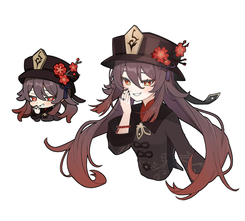 1girl absurdres bead_bracelet beads black_nails blush bracelet brown_hair chinese_clothes chinese_hat commentary_request cropped_torso flower genshin_impact genshin_impact_sticker_redraw_(meme) gradient_hair grin hair_between_eyes hand_to_own_mouth hat hat_flower head_tilt highres hu_tao_(genshin_impact) jewelry long_hair looking_at_viewer meme mo80_rr multicolored_hair nail nail_polish open_mouth parted_bangs porkpie_hat red_eyes red_hair red_shirt ring shirt sidelocks simple_background smile solo symbol-shaped_pupils tassel teeth top_hat twintails very_long_hair white_background wide_sleeves