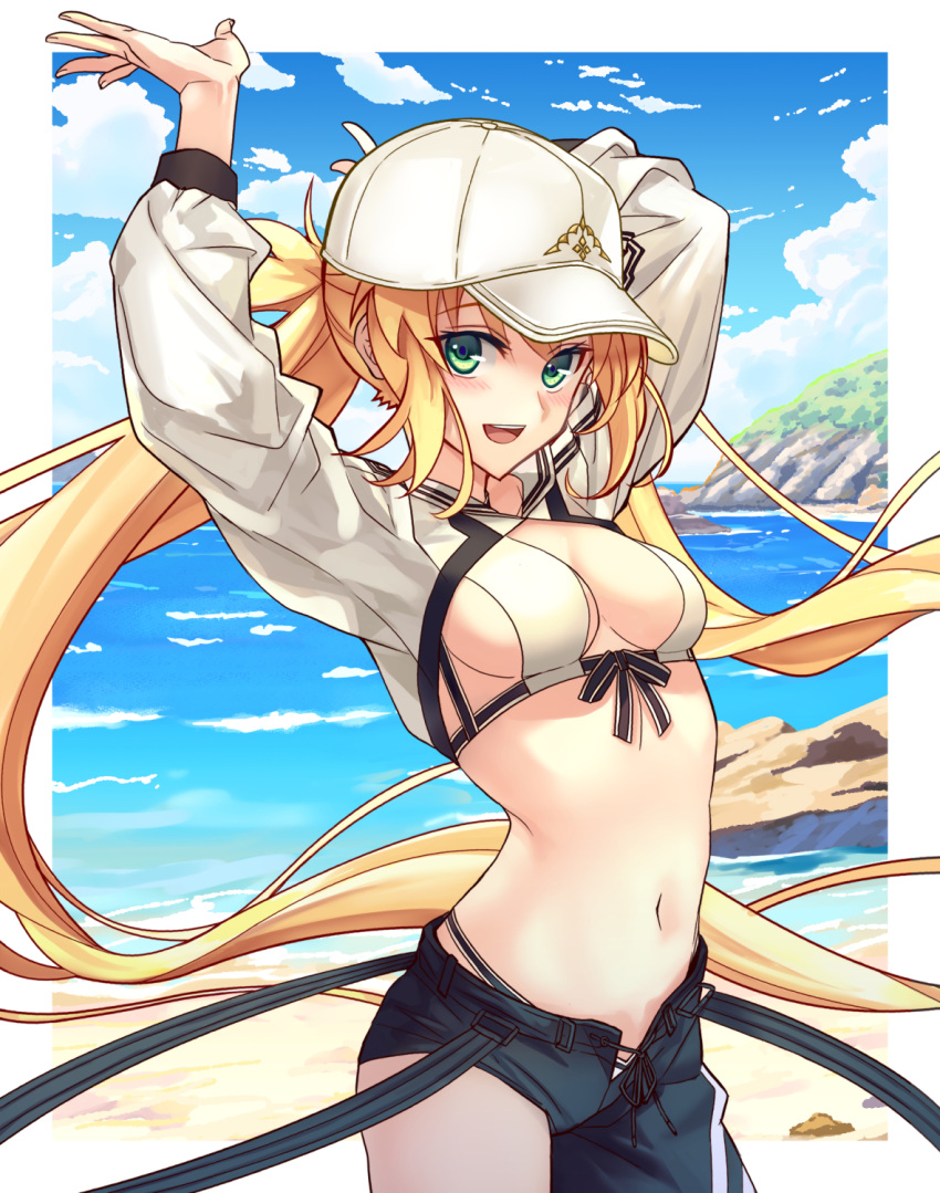 1girl arms_up artoria_caster_(fate) artoria_caster_(swimsuit)_(fate) artoria_pendragon_(fate) asymmetrical_clothes baseball_cap beach bikini black_pants blonde_hair blue_sky blush breasts cleavage cropped_jacket fate/grand_order fate_(series) green_eyes hat highres jacket kuroaki long_hair long_sleeves looking_at_viewer medium_breasts navel open_mouth pants shore shrug_(clothing) single_pantsleg sky smile solo swimsuit twintails white_bikini white_headwear white_jacket