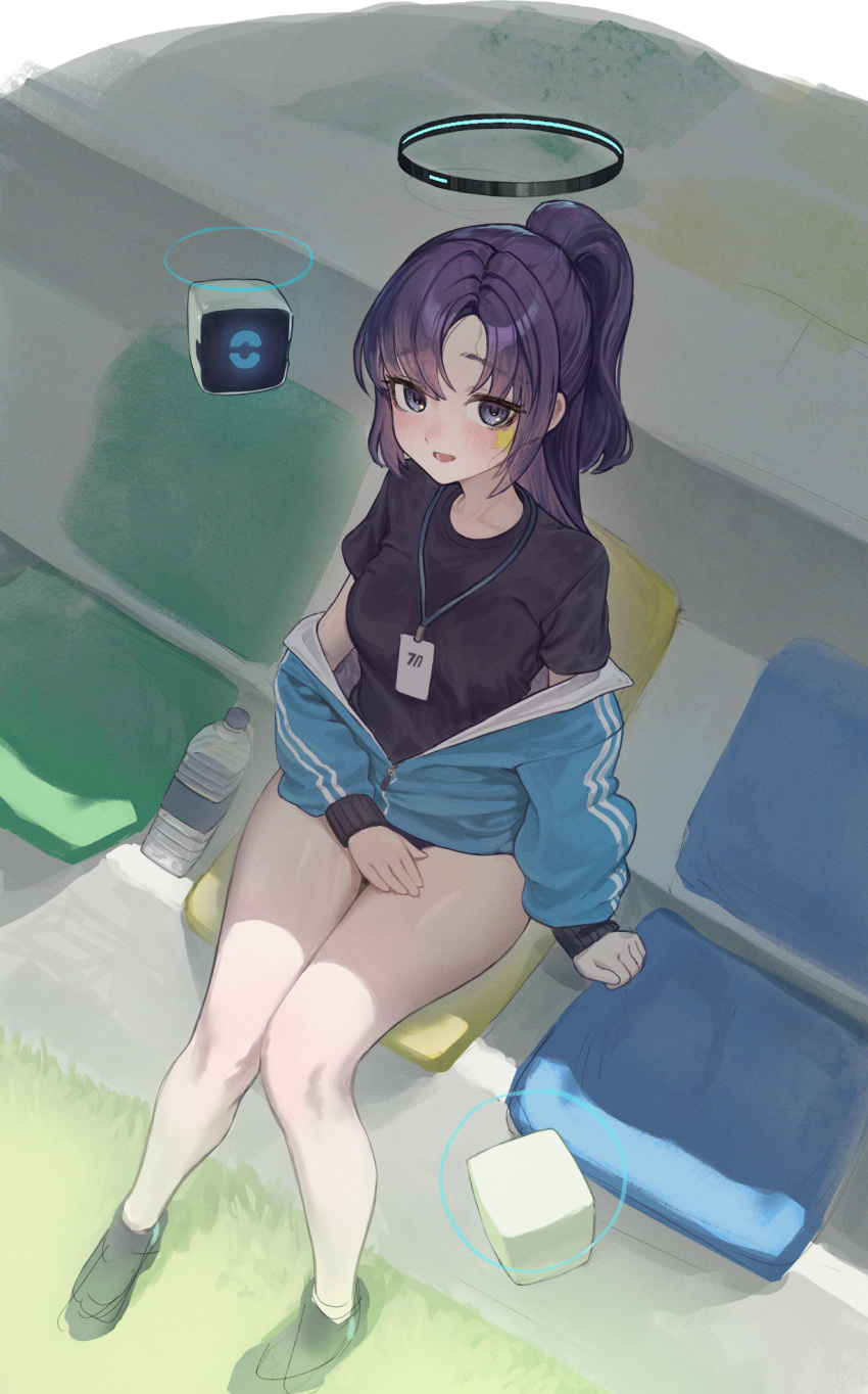 1girl apopo aqua_jacket black_shirt blue_archive blue_eyes blush bottle breasts from_above halo highres id_card jacket lanyard long_hair long_sleeves looking_at_viewer medium_breasts off_shoulder open_mouth ponytail purple_hair shirt shoes short_sleeves sitting solo star_sticker sticker_on_face sweat water_bottle yuuka_(blue_archive) yuuka_(track)_(blue_archive)