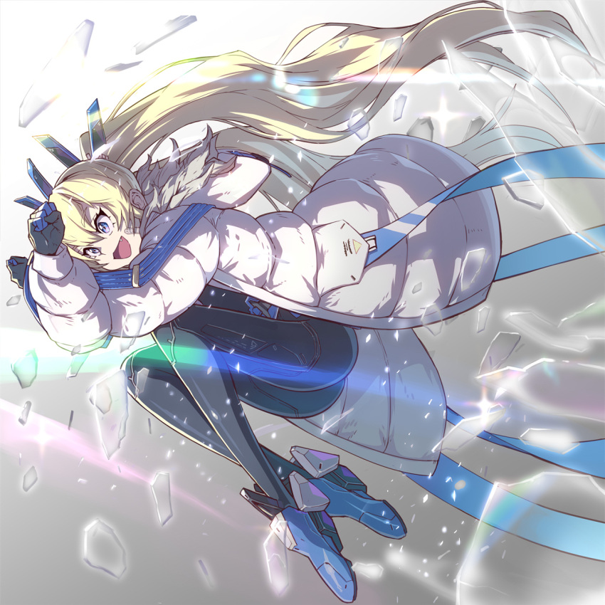 1girl armored_bodysuit black_bodysuit blonde_hair blue_eyes blush bodysuit breasts clipboard coat covered_navel fang fur_collar fur_trim goddess_of_victory:_nikke headgear highres jacket laplace_(nikke) long_hair open_mouth sidelocks smile solo syope twintails two-tone_gloves white_coat