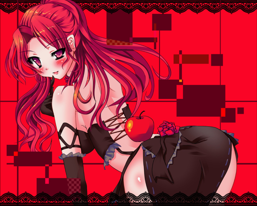 1girl apple ass bare_shoulders bent_over black_dress black_gloves black_skirt breasts dress elbow_gloves finger_to_face flower food fruit gloves hair_intakes hand_up highres long_hair mabinogi medium_breasts open_mouth pelvic_curtain pink_eyes pink_lips red_flower red_hair red_rose rose rua side_slit skirt smile solo suittsu uneven_eyes