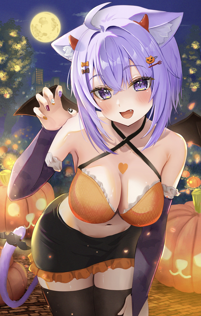 1girl absurdres animal_ear_fluff animal_ears black_nails black_skirt black_thighhighs blush breasts cat_ears cat_girl cat_tail claw_pose cleavage demon_horns demon_wings fake_horns fang food-themed_hair_ornament full_moon hair_ornament halloween halterneck heart_on_chest highres hololive horns jack-o'-lantern large_breasts looking_at_viewer medium_hair moon multicolored_nails nail_polish navel nekomata_okayu open_mouth orange_nails pumpkin pumpkin_hair_ornament purple_eyes purple_hair purple_nails skirt smile solo tail thighhighs torakichi_888 virtual_youtuber wings