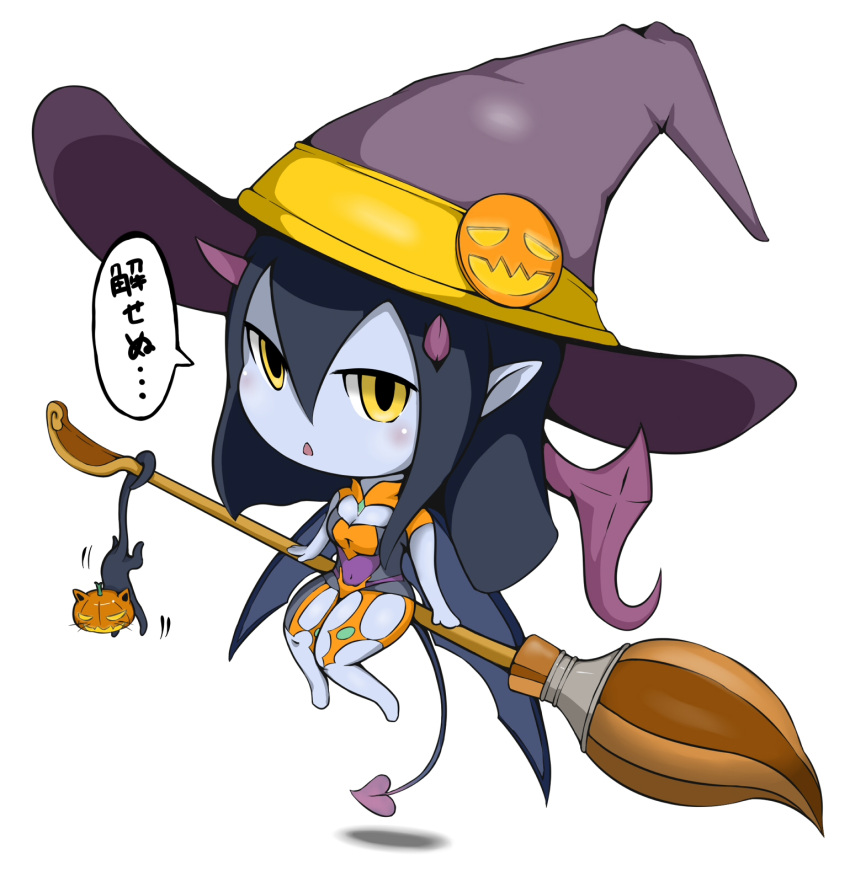 1girl black_cat blue_skin blush bomb_(final_fantasy) breasts broom broom_riding cat chibi cleavage colored_skin covered_navel demon_horns demon_tail final_fantasy final_fantasy_xiv halloween hat hat_ornament highres horns jack-o'-lantern kokitune open_mouth pointy_ears purple_horns solo speech_bubble tail translation_request wind-up_succubus_(ff14) witch_hat yellow_eyes