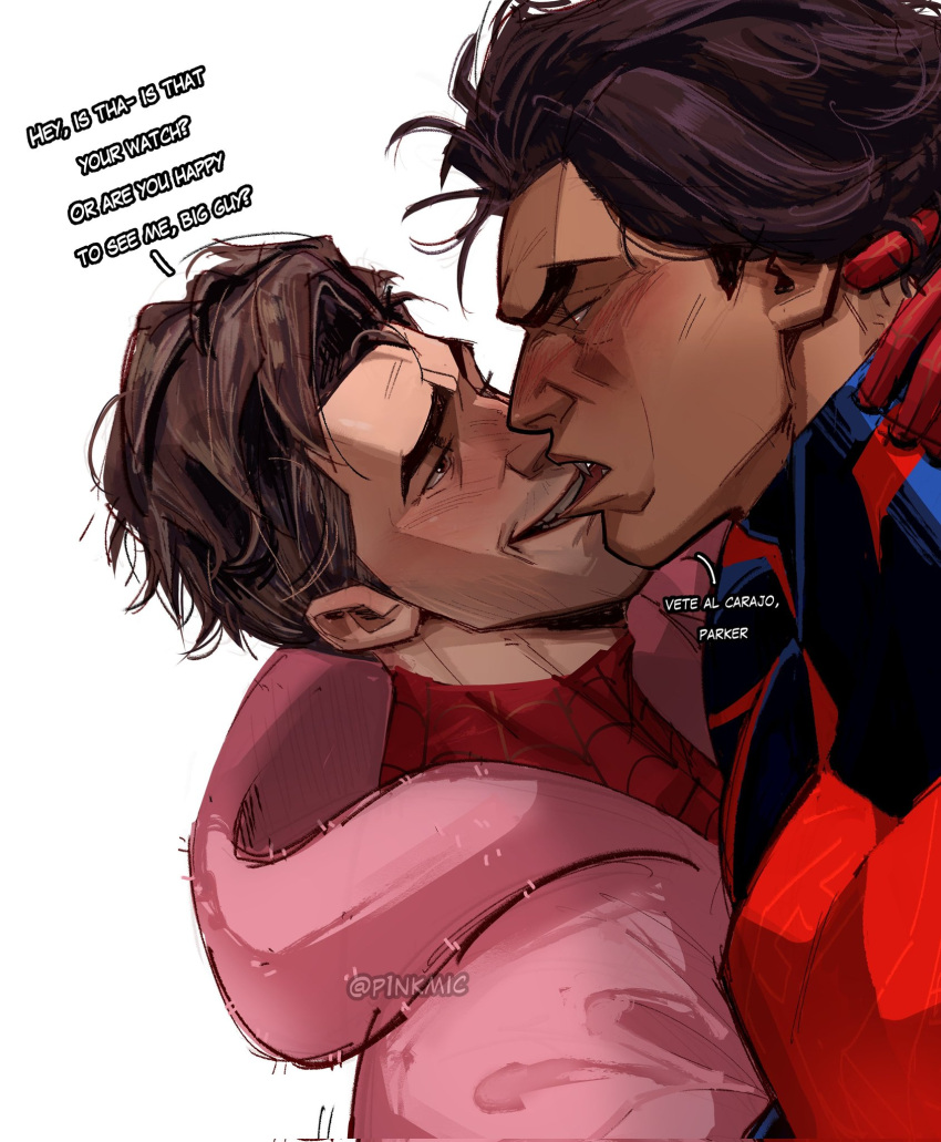 2boys bara biting_another's_lip black_hair blue_bodysuit blush bodysuit coat couple dark-skinned_male dark_skin english_text facial_hair highres large_pectorals looking_at_another male_focus marvel miguel_o'hara multiple_boys muscular muscular_male p1nkmic pectorals pink_coat red_bodysuit seductive_smile short_hair smile spanish_text spider-man:_across_the_spider-verse spider-man_(series) spider-verse twitter_username two-tone_bodysuit yaoi