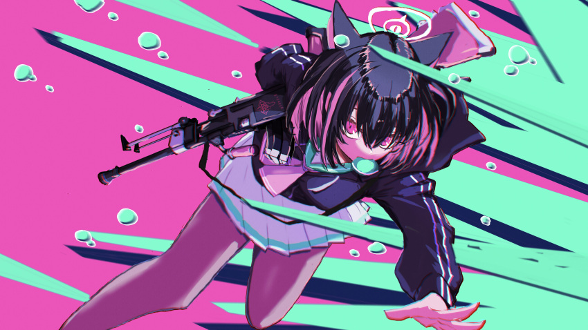 1girl absurdres amatou_yarou animal_ears black_hair black_jacket blue_archive cat_ears colored_inner_hair green_background green_sailor_collar gun halo highres holding holding_weapon jacket kazusa_(blue_archive) light_machine_gun long_sleeves miniskirt mouth_hold multicolored_hair neckerchief pink_background pink_hair pink_neckerchief sailor_collar short_hair skirt solo weapon white_skirt