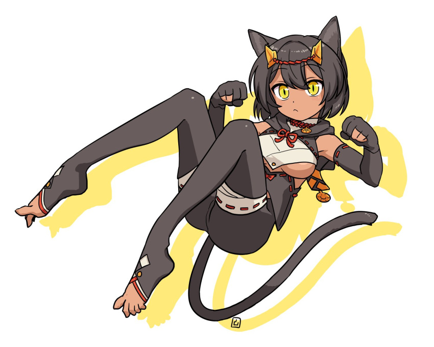 1girl animal_ears black_gloves black_hair black_shorts black_thighhighs breasts cat_ears cat_girl cat_tail closed_mouth colored_shadow commentary_request commission dark-skinned_female dark_skin drop_shadow full_body gloves hair_between_eyes hands_up highres looking_at_viewer medium_breasts muu_(mumumer) no_shoes original partially_fingerless_gloves paw_pose ribbon-trimmed_gloves ribbon_trim shadow shorts simple_background skeb_commission solo tail thighhighs toeless_legwear underboob white_background yellow_eyes