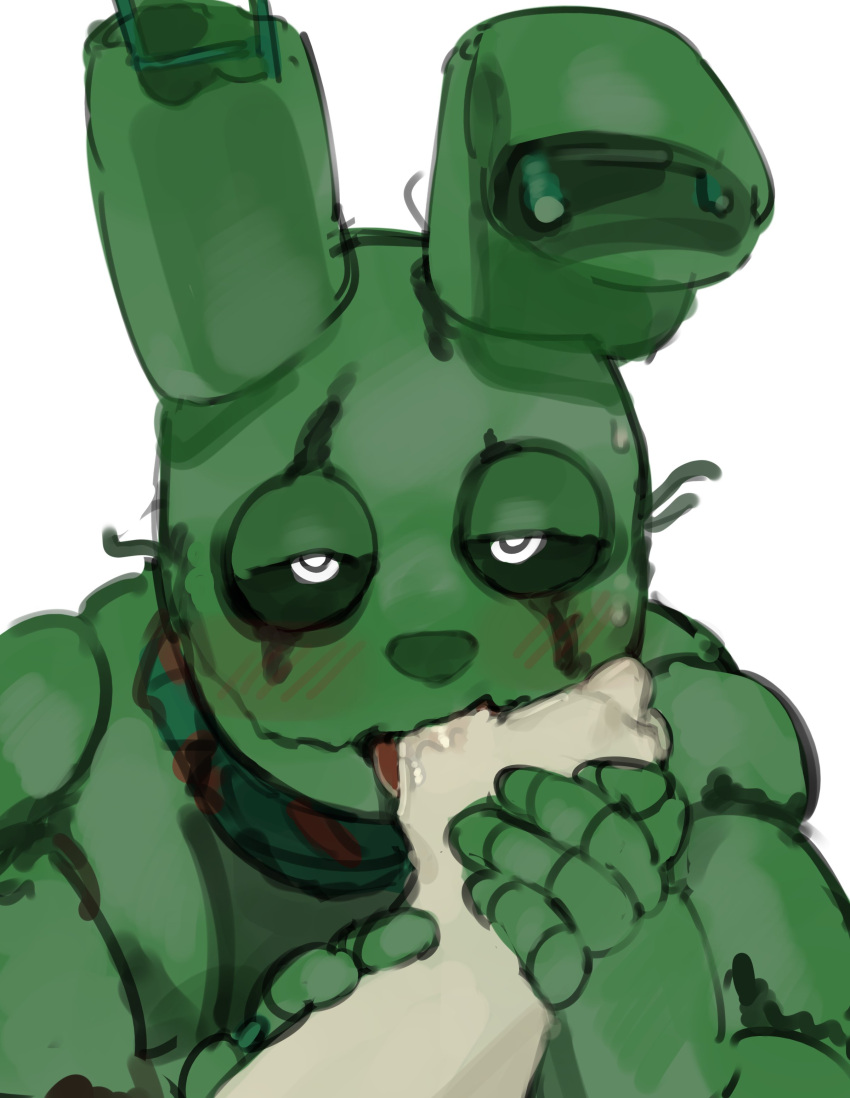 absurd_res ambiguous_gender animatronic anthro blush bodily_fluids duo finger_in_mouth first_person_view five_nights_at_freddy's five_nights_at_freddy's_3 green_body hi_res human kogito lagomorph leporid lidded_eyes machine mammal mostly_offscreen_character rabbit robot saliva scottgames springtrap_(fnaf) sweat wire