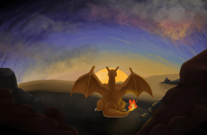 charizard desert fatunicorn fire flaming_tail generation_1_pokemon hi_res male nintendo pokemon pokemon_(species) rock sky solo spread_wings sunrise sunset tail view wings