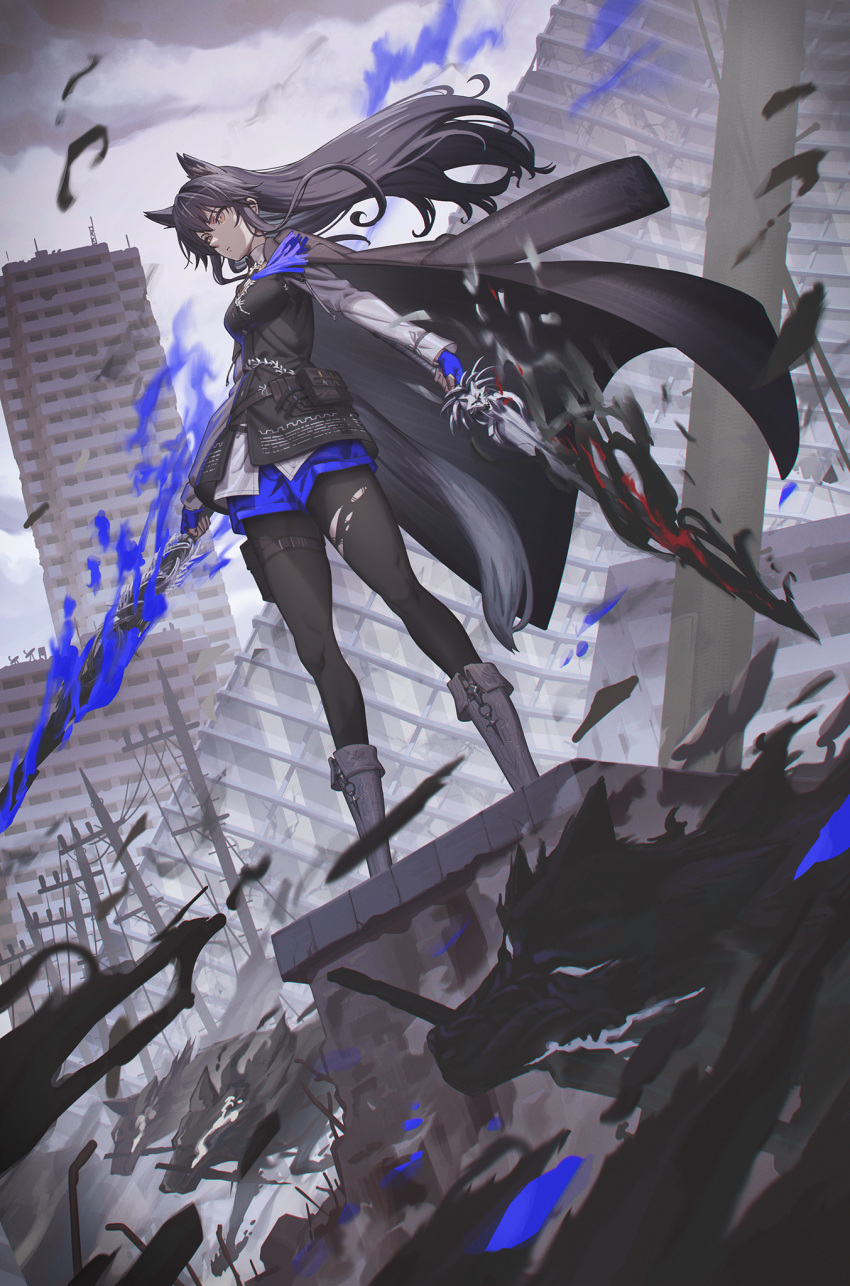 1girl animal_ear_fluff animal_ears arknights black_cape black_hair black_pantyhose black_vest blue_gloves blue_necktie blue_shorts breasts building cape coat coat_on_shoulders fingerless_gloves flaming_sword flaming_weapon gloves highres hironii_(hirofactory) holding holding_sword holding_weapon long_hair long_sleeves necktie official_alternate_costume pantyhose pantyhose_under_shorts shirt shorts sword tail texas_(arknights) texas_the_omertosa_(arknights) vest weapon white_shirt wolf_ears wolf_girl wolf_tail yellow_eyes