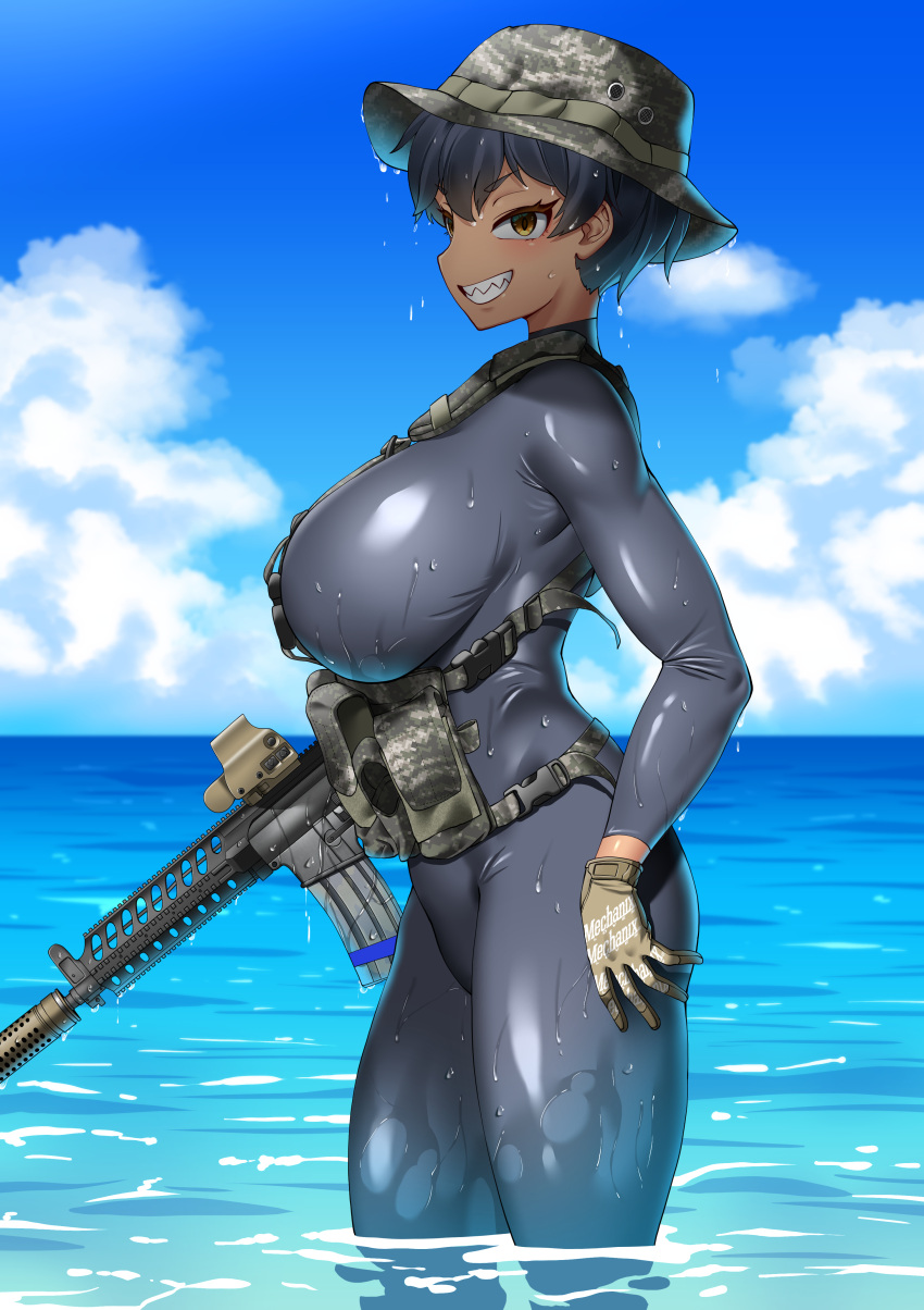 absurdres ammunition_pouch ar-15 assault_rifle black_bodysuit black_hair black_wetsuit bodysuit breasts bucket_hat camouflage camouflage_headwear chest_harness clothes_writing cloud dark-skinned_female dark_skin digital_camouflage diving_suit english_text grin gun harness hat highres huge_breasts kirochef magazine_(weapon) military optical_sight original partially_submerged pouch republic_of_korea_army rifle sharp_teeth short_hair sideways_mouth sky smile snap-fit_buckle suppressor teeth thick_eyebrows tsurime water weapon wetsuit yellow_eyes