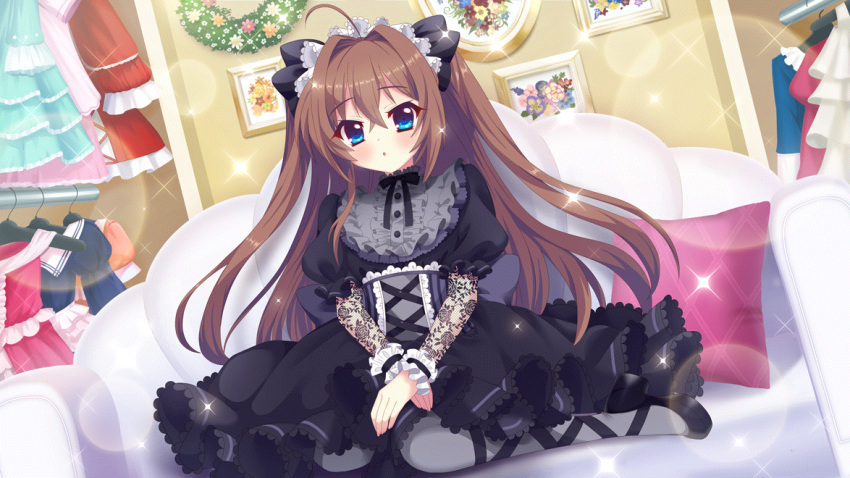 1girl ahoge black_bow black_dress black_footwear black_skirt blue_eyes bow brown_hair clothes_hanger corset couch dot_nose dress dutch_angle film_grain frilled_dress frills game_cg grey_pantyhose hair_bow hands_on_lap izumi_tsubasu lace_sleeves lens_flare lolita_fashion long_hair looking_at_viewer non-web_source official_art on_couch painting_(object) pantyhose parted_lips picture_frame pillow platform_footwear platform_heels puffy_short_sleeves puffy_sleeves re:stage! shikimiya_aone short_sleeves sitting skirt solo sparkle two_side_up wariza wreath wrist_cuffs