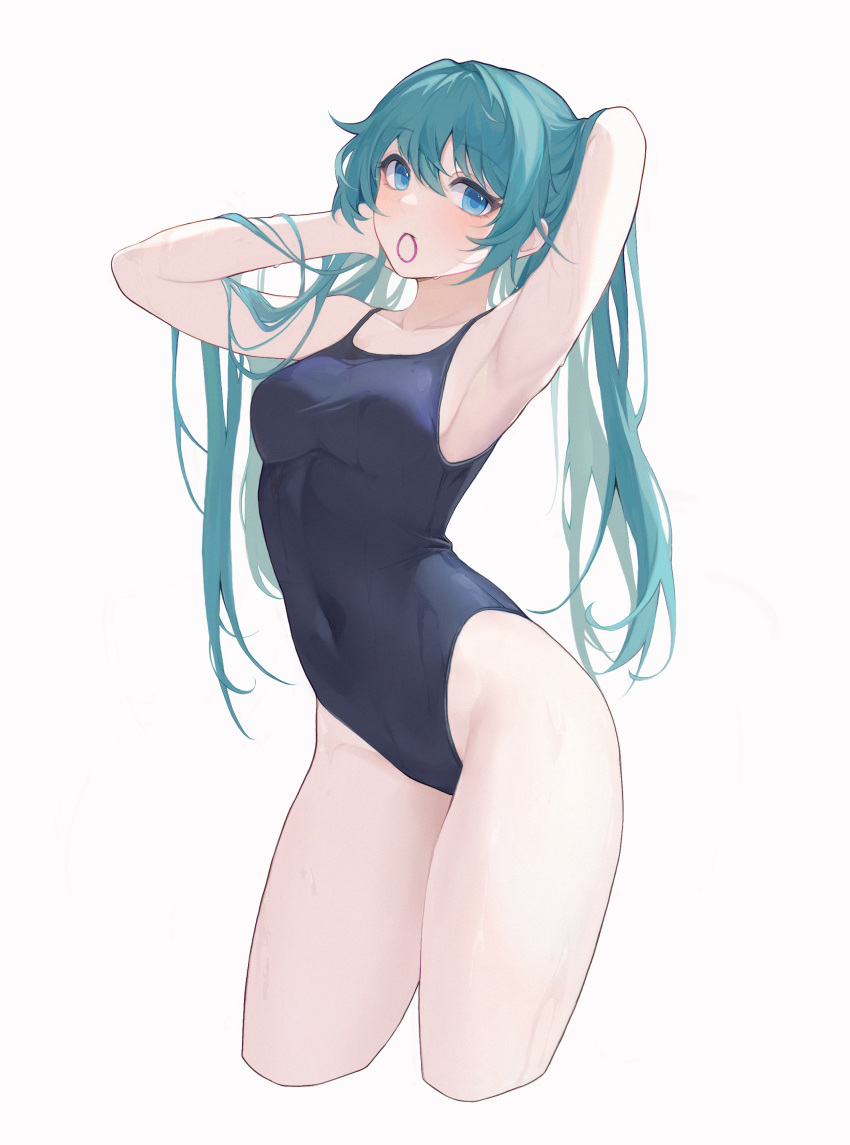 1girl absurdres alternate_costume arms_behind_head black_one-piece_swimsuit blue_eyes breasts competition_swimsuit covered_navel cropped_legs green_hair hatsune_miku highleg highleg_swimsuit highres long_hair medium_breasts mouth_hold one-piece_swimsuit simple_background solo swimsuit twintails vocaloid white_background yuuichi_yuiko