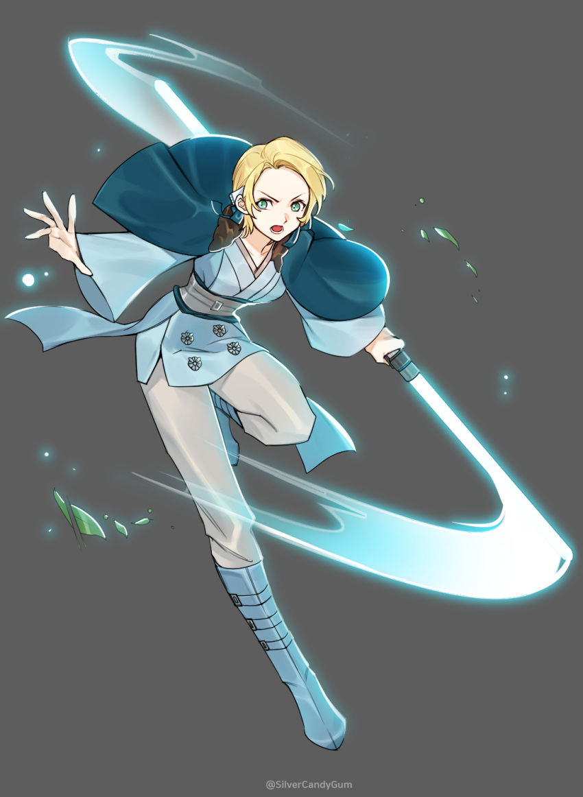 1girl alternate_costume blonde_hair blue_dress blue_footwear boots breasts commentary dress fire_emblem fire_emblem:_three_houses forehead full_body fur_trim green_eyes grey_background grey_pants highres holding_lightsaber ingrid_brandl_galatea long_sleeves looking_at_viewer medium_breasts open_mouth pants short_dress short_hair silvercandy_gum simple_background solo star_wars wide_sleeves