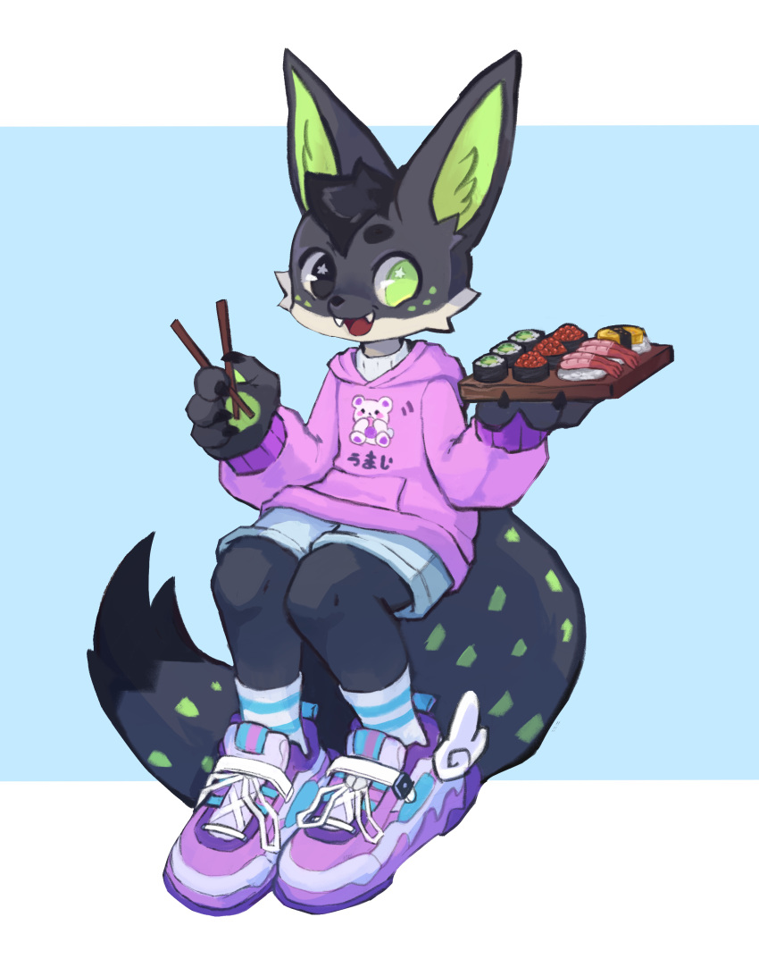 absurd_res anthro canid canine chopsticks clothed clothing fennec food fox hair heterochromia hi_res kota_(kotafen) male mammal markings open_mouth revitalia simple_background solo spots sushi