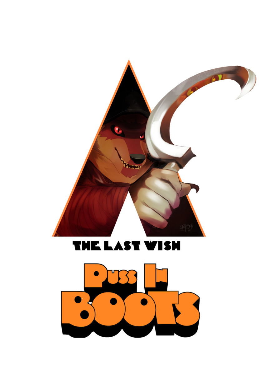 a_clockwork_orange anthro armwear black_nails black_sclera clothing colored_nails death_(puss_in_boots) hi_res hood male melee_weapon nails oragon_seis parody polearm poster reflection scythe smile solo weapon